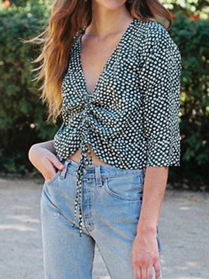Choies Green V-neck Floral Print Long Sleeve Chic Women Crop Blouse
