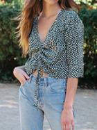 Choies Green V-neck Floral Print Long Sleeve Chic Women Crop Blouse