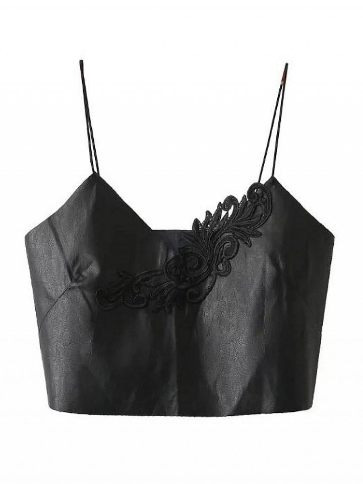 Choies Black V-neck Embroidery Leather Look Cami Top