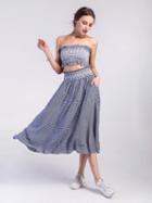Choies Blue Plaid Bandeau Ruched Trim Crop Top And High Waist Midi Skirt