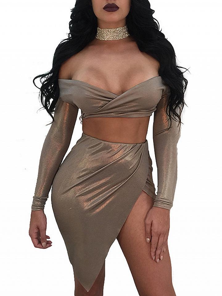 Choies Khaki Off Shoulder Long Sleeve Crop Top And Pencil Mini Skirt