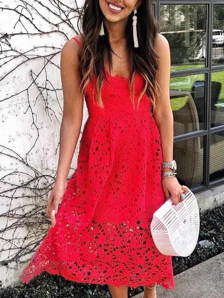 Choies Red V-neck Cut Out Detail Chic Women Lace Cami Midi Dress
