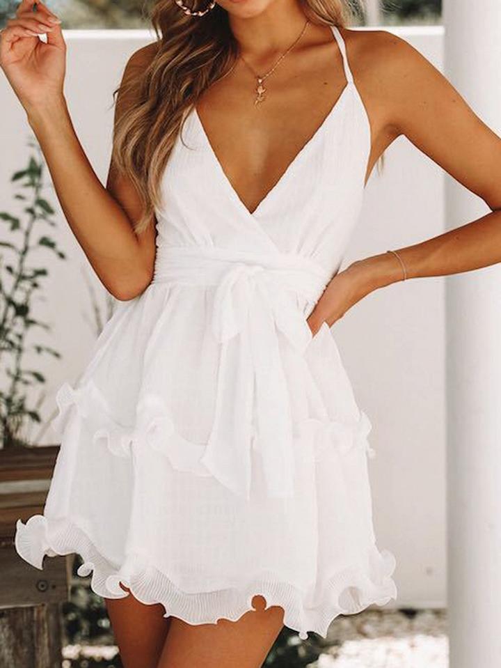 Choies White Plunge Strap Back Cross Backless Chic Women Cami Mini Dress