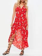 Choies Red Cotton Blend Halter V-neck Floral Print Chic Women Maxi Dress
