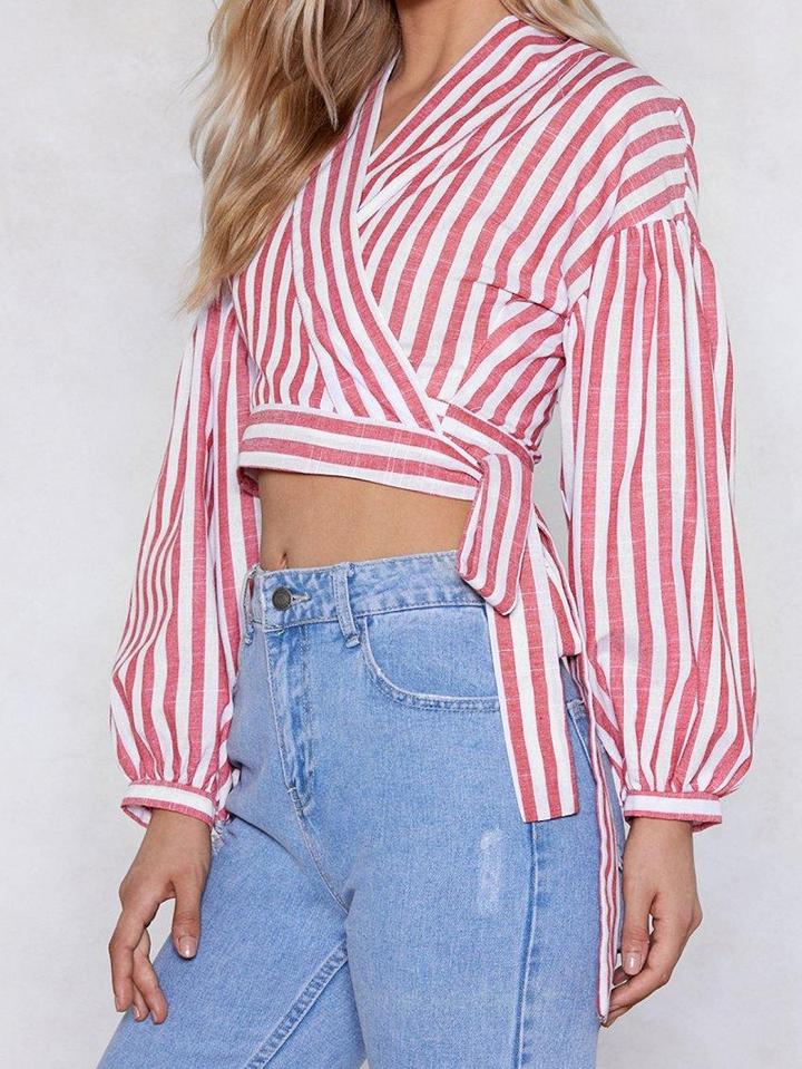 Choies Pink Stripe V-neck Puff Sleeve Chic Women Crop Blouse