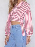 Choies Pink Stripe V-neck Puff Sleeve Chic Women Crop Blouse