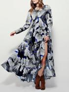 Choies Black Floral Print Thigh Split Side Long Sleeve Maxi Dress