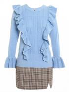 Choies Blue Ruffle Trim Flare Sleeve Knit Sweater