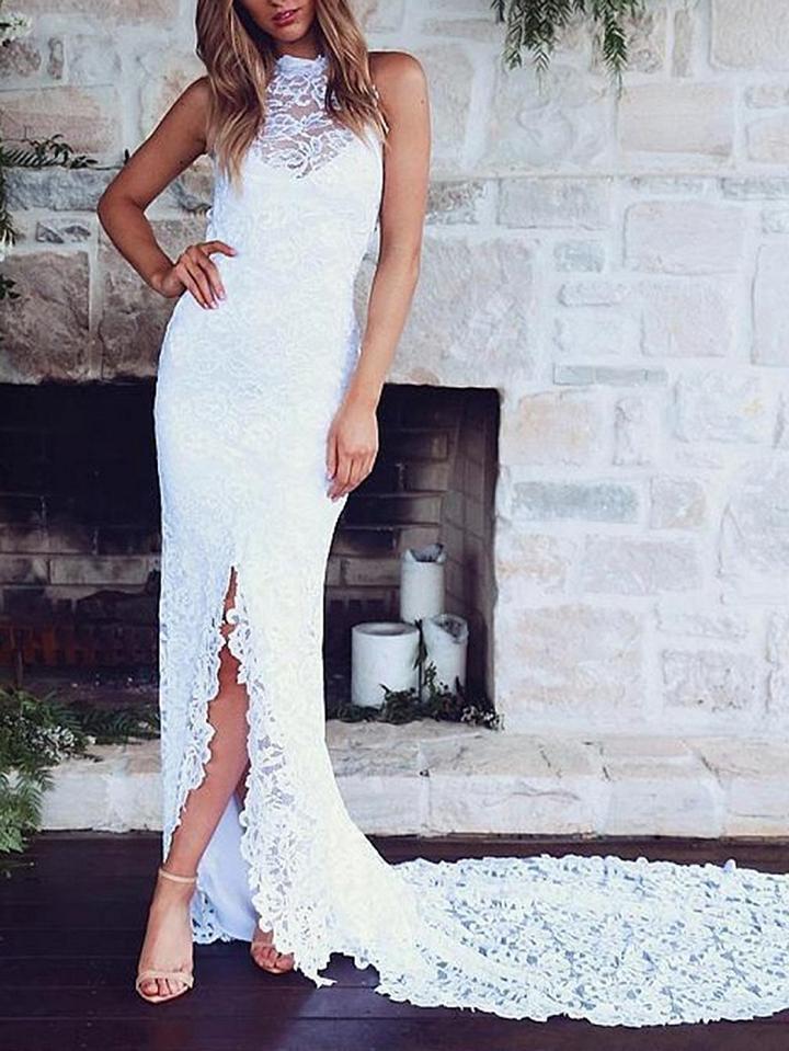 Choies White Halter Open Back Sleeveless Chic Women Lace Bodycon Maxi Dress
