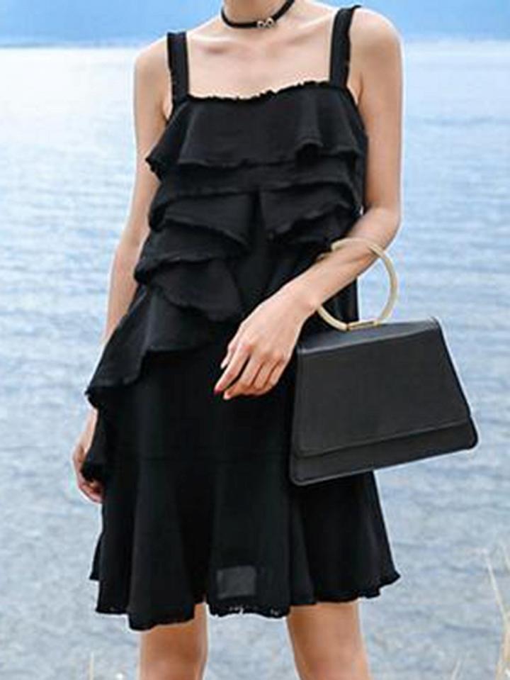 Choies Black Cotton Ruffle Trim Chic Women Cami Mini Dress