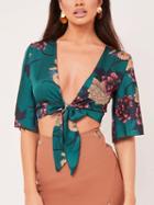 Choies Green Plunge Floral Print Tie Front Chic Women Crop Blouse