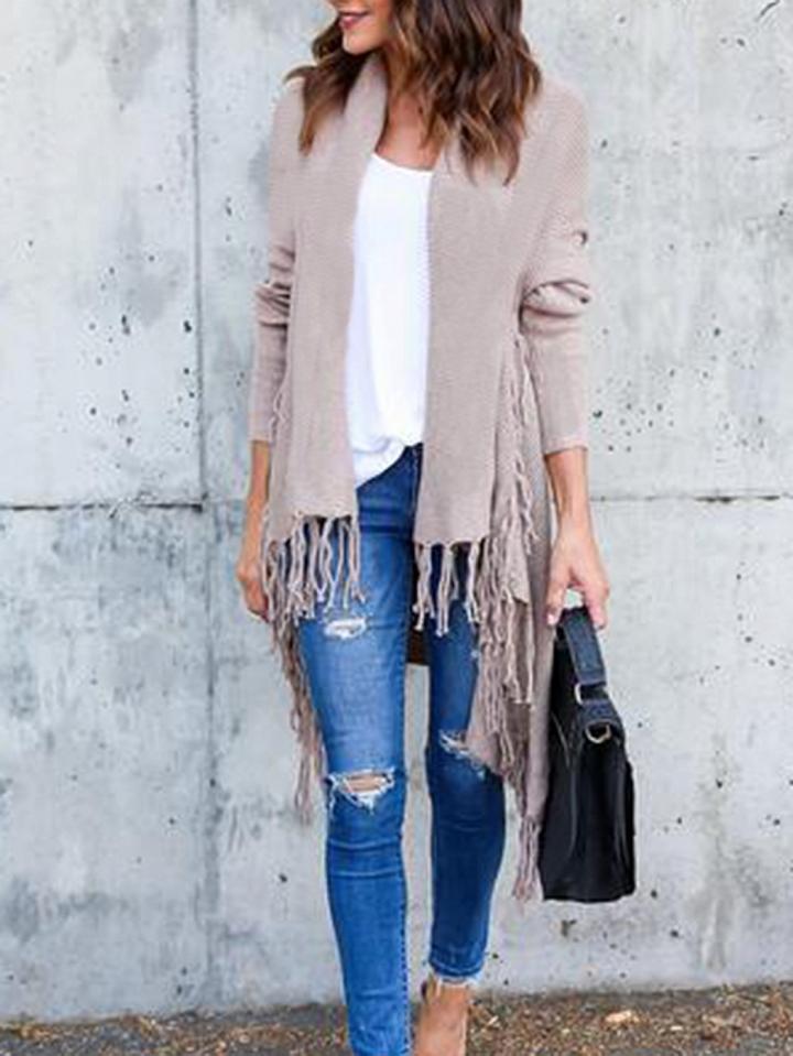 Choies Beige Open Front Tassel Trim Long Sleeve Wool Cardigan