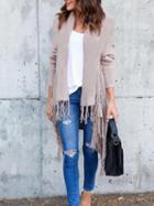 Choies Beige Open Front Tassel Trim Long Sleeve Wool Cardigan