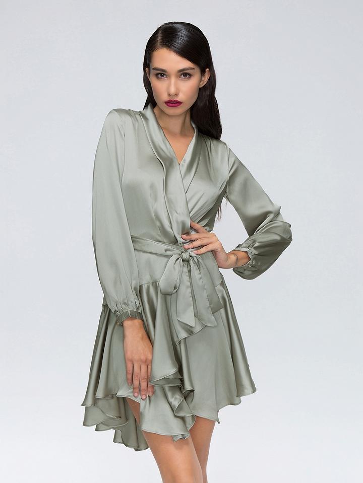 Choies Olive V-neck Belt Waist Asymmetric Wrap Pleated Dress