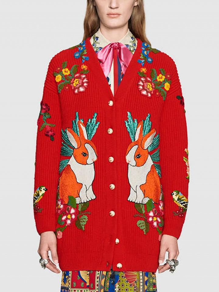 Choies Red Embroidery Button Placket Long Sleeve Cardigan