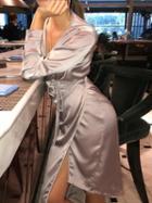 Choies Silver Cotton Plunge Tie Waist Long Sleeve Chic Women Mini Dress