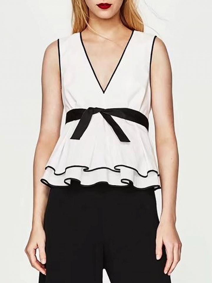 Choies White V-neck Contrast Hem Tie Waist Peplum Sleeveless Blouse