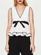 Choies White V-neck Contrast Hem Tie Waist Peplum Sleeveless Blouse