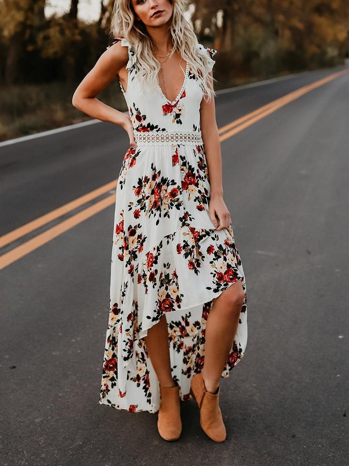 Choies White V-neck Cut Out Detail Floral Print Open Back Maxi Dress