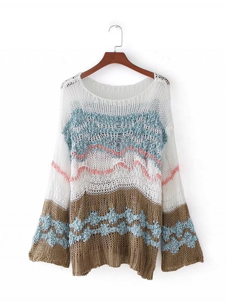 Choies Polychrome Mixed Stripe Flare Sleeve Open Knit Sweater
