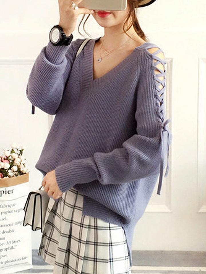 Choies Light Blue V-neck Lace Up Sleeve Knit Sweater