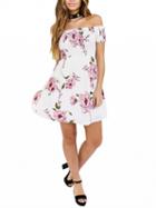 Choies White Stretch Off Shoulder Floral Short Sleeve Mini Dress