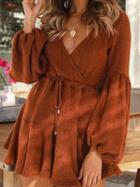 Choies Orange Wool V-neck Puff Sleeve Chic Women Mini Dress