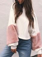 Choies White Faux Fur Detail Long Sleeve Cropped Sweatshirt