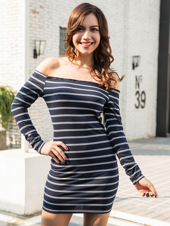 Choies Blue Off Shoulder Stripe Long Sleeve Ribbed Bodycon Dress