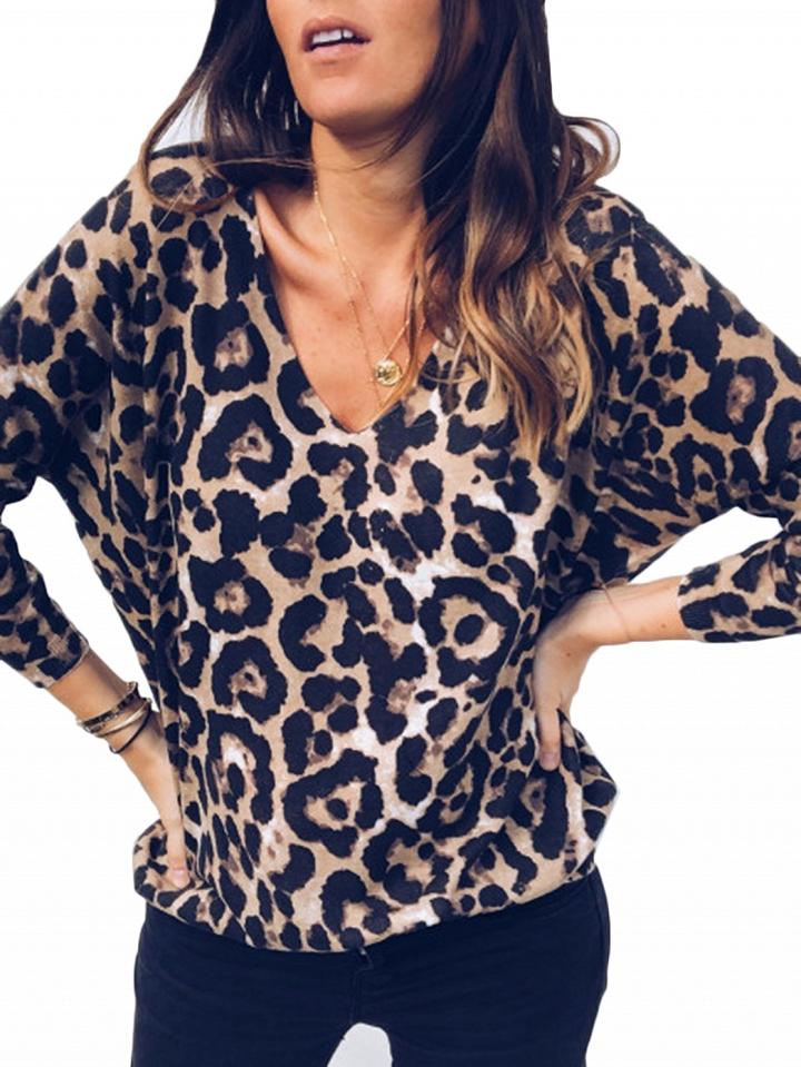 Choies Brown Cotton V-neck Leopard Print Long Sleeve T-shirt