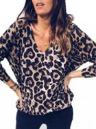 Choies Brown Cotton V-neck Leopard Print Long Sleeve T-shirt