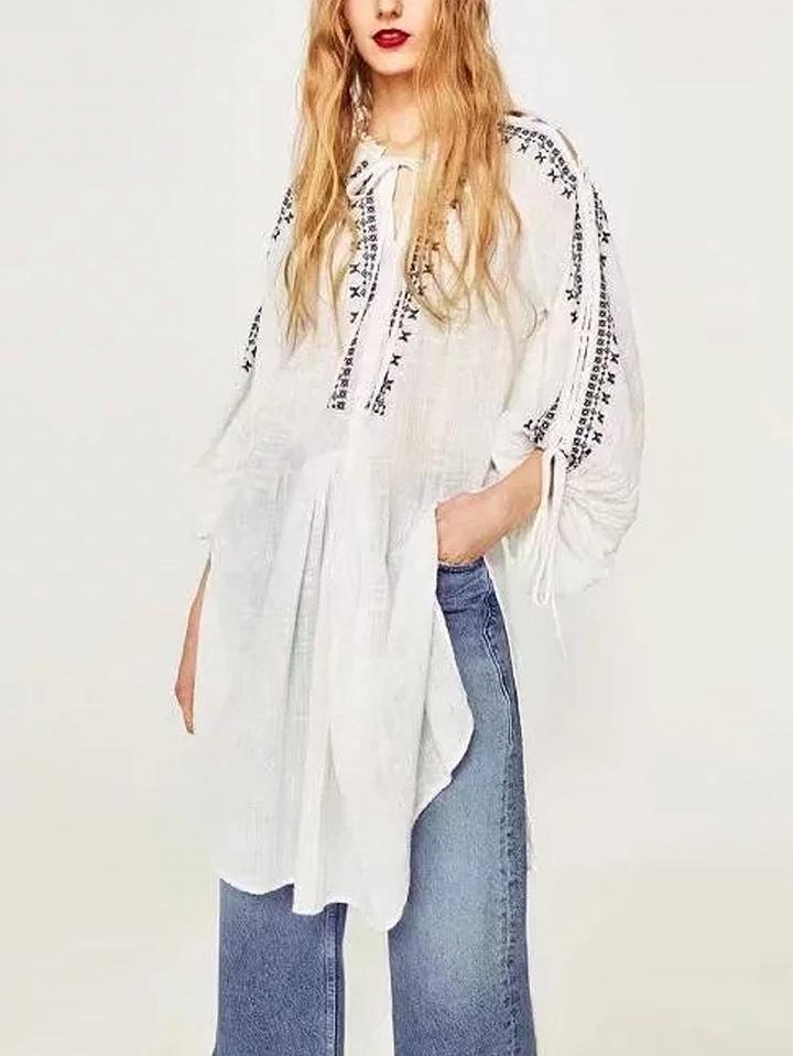 Choies White Tie Front Embroidery Detail Lace Up Sleeve Side Split Blouse
