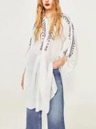 Choies White Tie Front Embroidery Detail Lace Up Sleeve Side Split Blouse