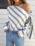 Choies Blue Stripe Asymmetric Neck Long Sleeve Chic Women Blouse