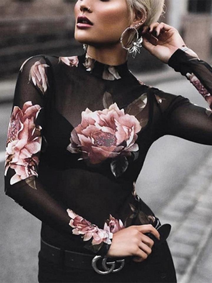 Choies Black Rose Print Long Sleeve Mesh Blouse
