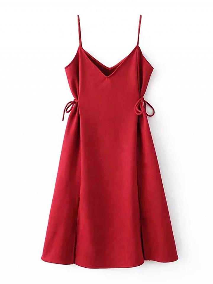Choies Red Faux Suede V-neck Tie Side Spaghetti Strap Dress