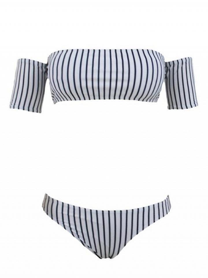 Choies Monochrome Stripe Off Shoulder Short Sleeve Bikini Top And Bottom