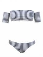Choies Monochrome Stripe Off Shoulder Short Sleeve Bikini Top And Bottom