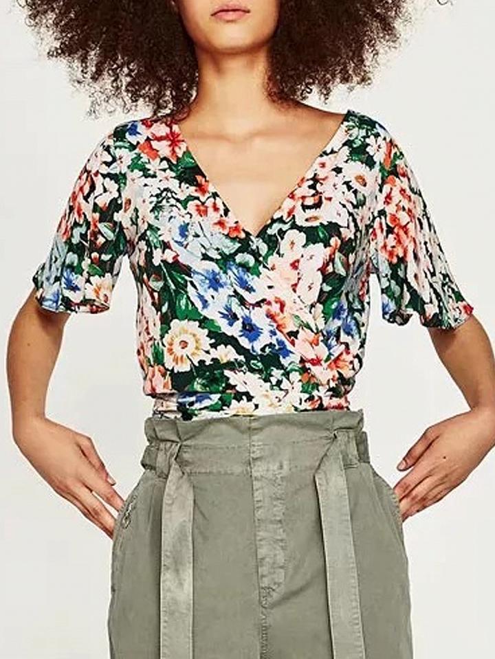 Choies Polychrome Floral V-neck Tie Side Wrap Blouse