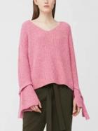 Choies Pink V-neck Flared Sleeve Bow Detail Knit Jumper