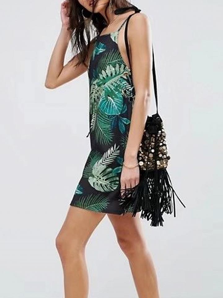 Choies Green Leaf Print Eyelet Lace Up Side Slim Strap Mini Dress