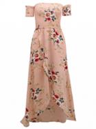 Choies Pink Stretch Off Shoulder Split Front Short Sleeve Maxi Dress