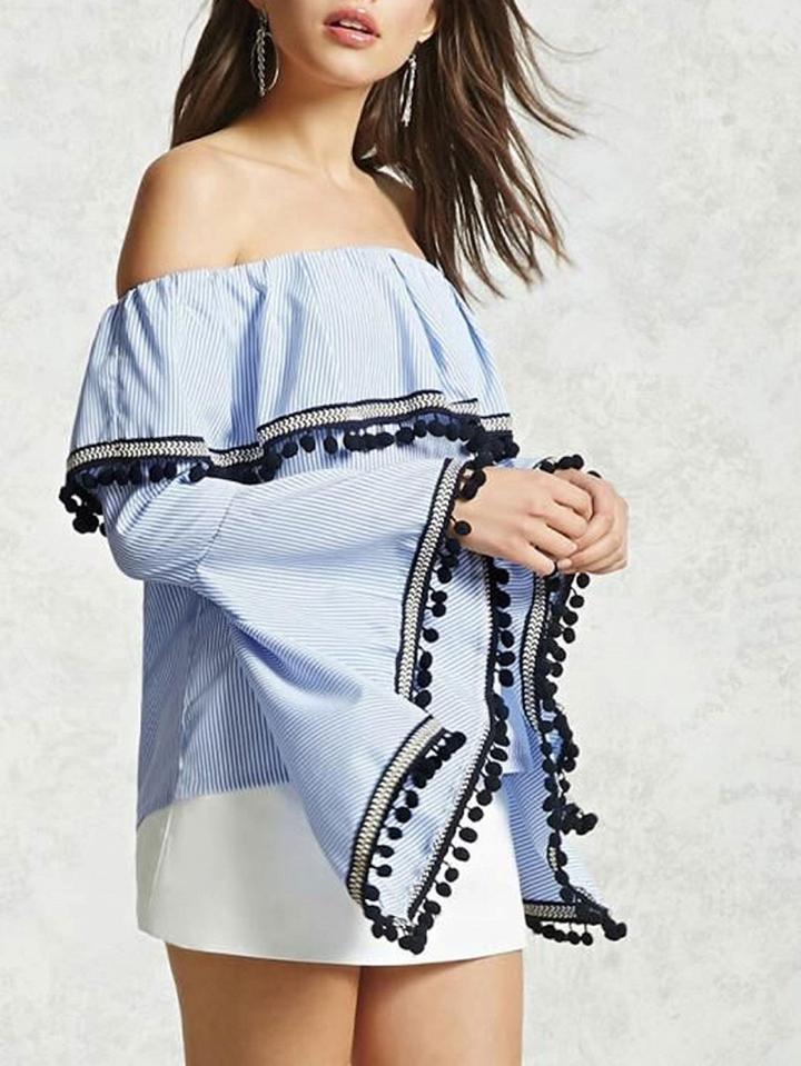 Choies Blue Stripe Off Shoulder Ruffle Hem  Pom Poms Flared Sleeve Blouse