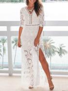 Choies White V-neck Cut Out Detail Thigh Split Side Lace Maxi Dress
