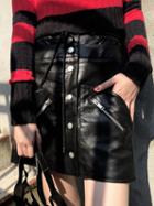 Choies Black Pu High Waist Button Placket Front Chic Women Mini Skirt