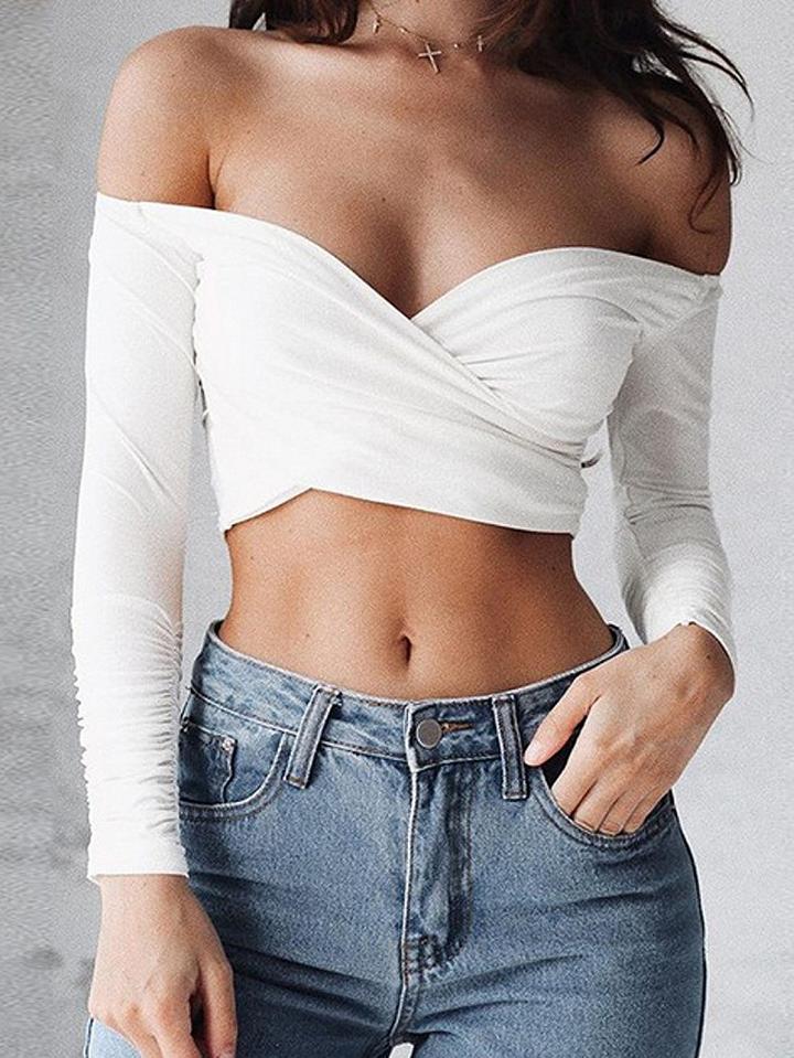 Choies White Off Shoulder Wrap Long Sleeve Crop Top
