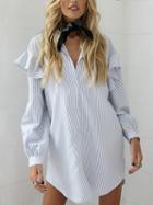 Choies Blue Stripe Ruffle Detail Puff Sleeve Longline Shirt