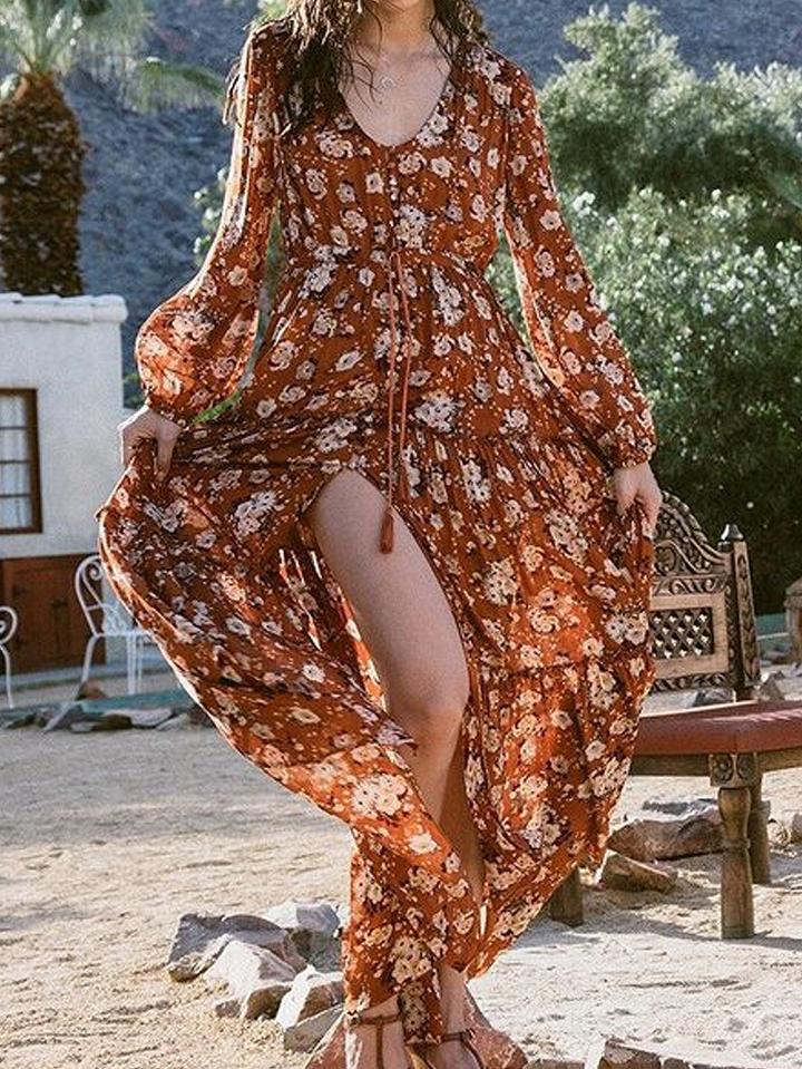 Choies Polychrome Floral V-neck Tie Waist Long Sleeve Maxi Beach Dress