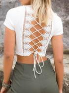 Choies White Plunge Lace Panel Lace-up Back Crop Top