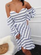 Choies Gray Stripe Off Shoulder Open Back Long Sleeve Chic Women Mini Dress